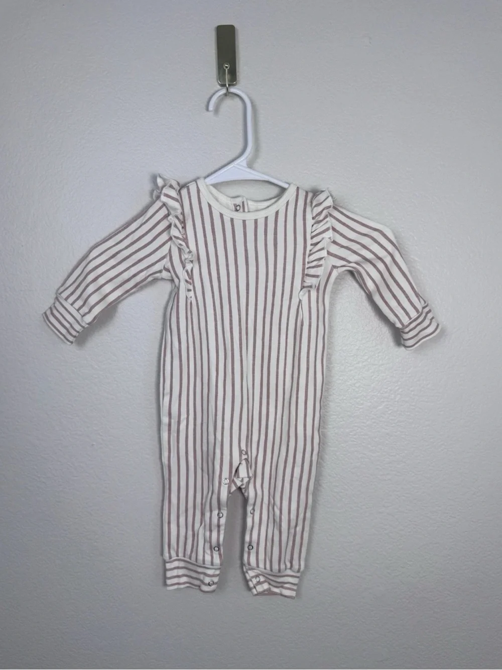 Pehr Ruffle Romper Baby 6-12M Organic Cotton Stripes Away Peony Minimalist